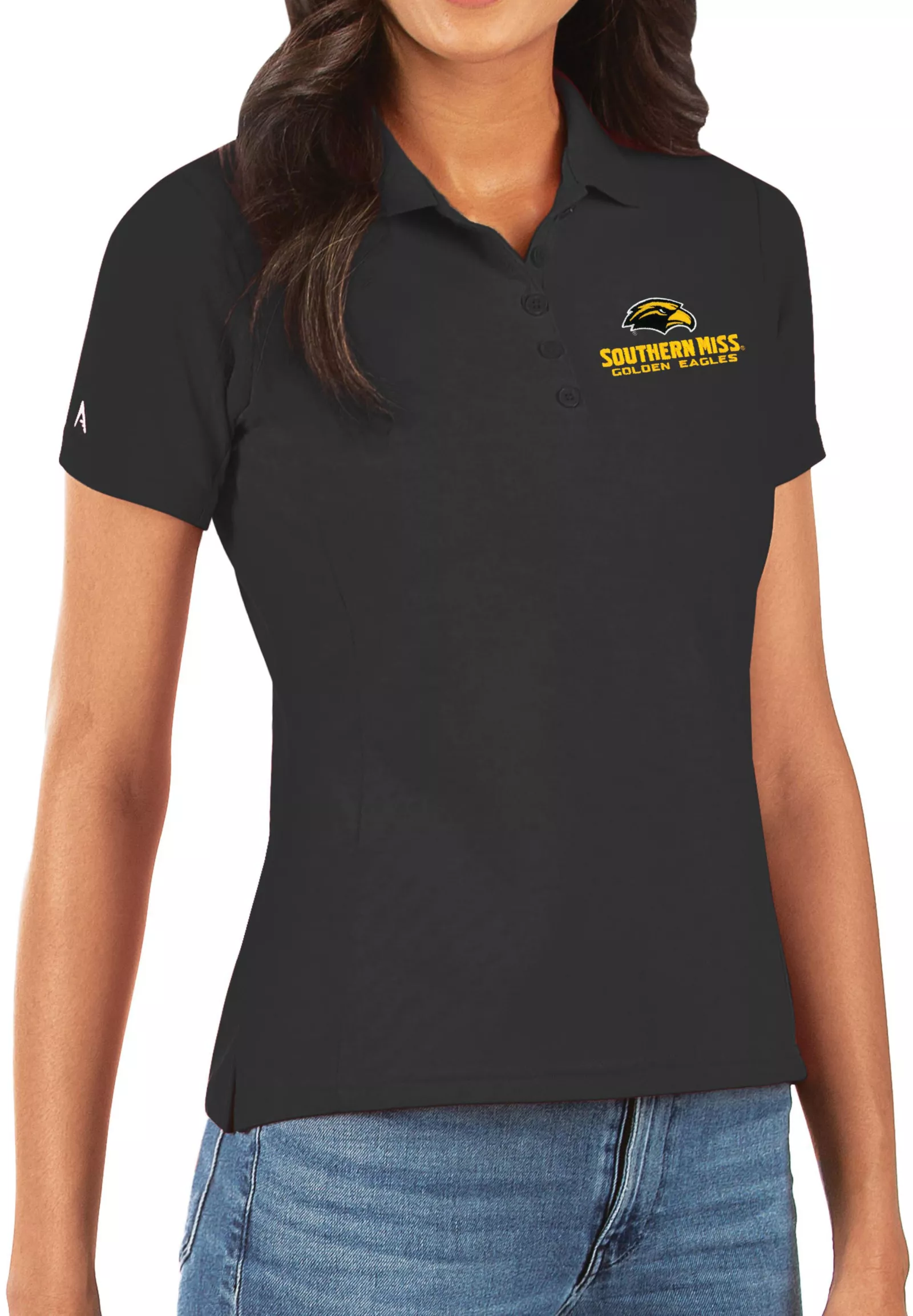 Antigua Women's Southern Miss Golden Eagles Legacy Pique Black Polo