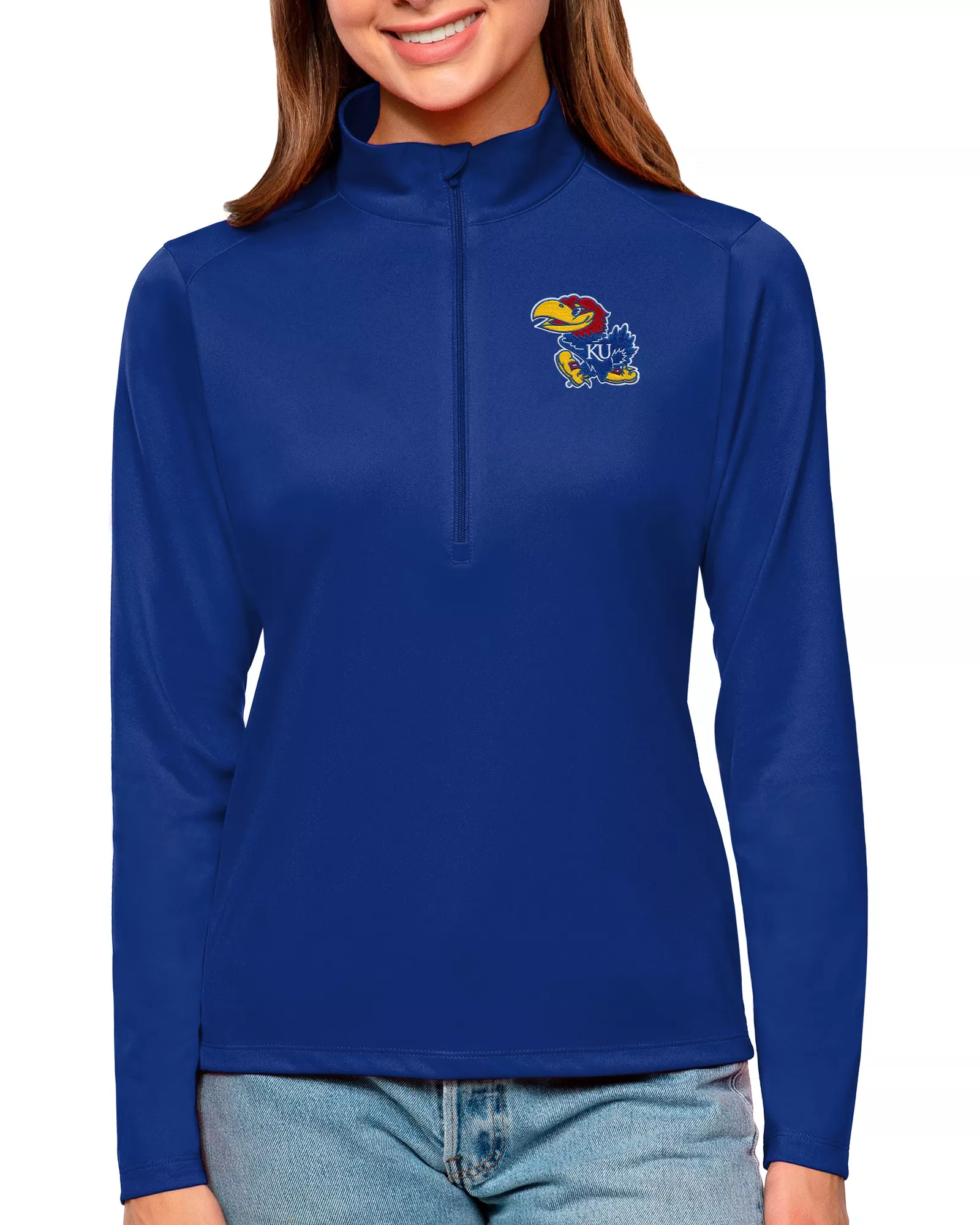 Antigua Women's Kansas Jayhawks Royal Blue Tribute Quarter-Zip Shirt