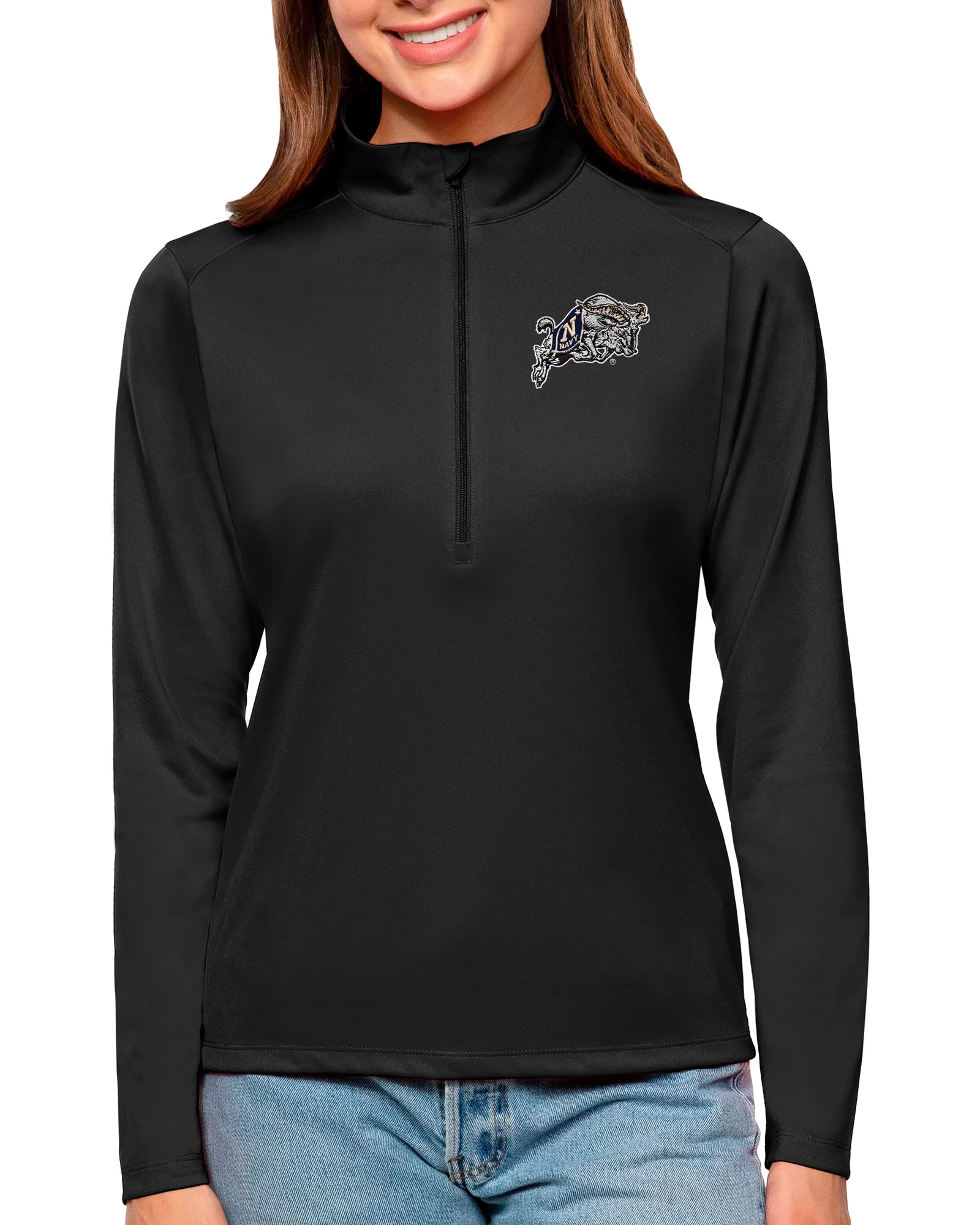 Antigua Women's Navy Midshipmen Black Tribute Quarter-Zip Shirt