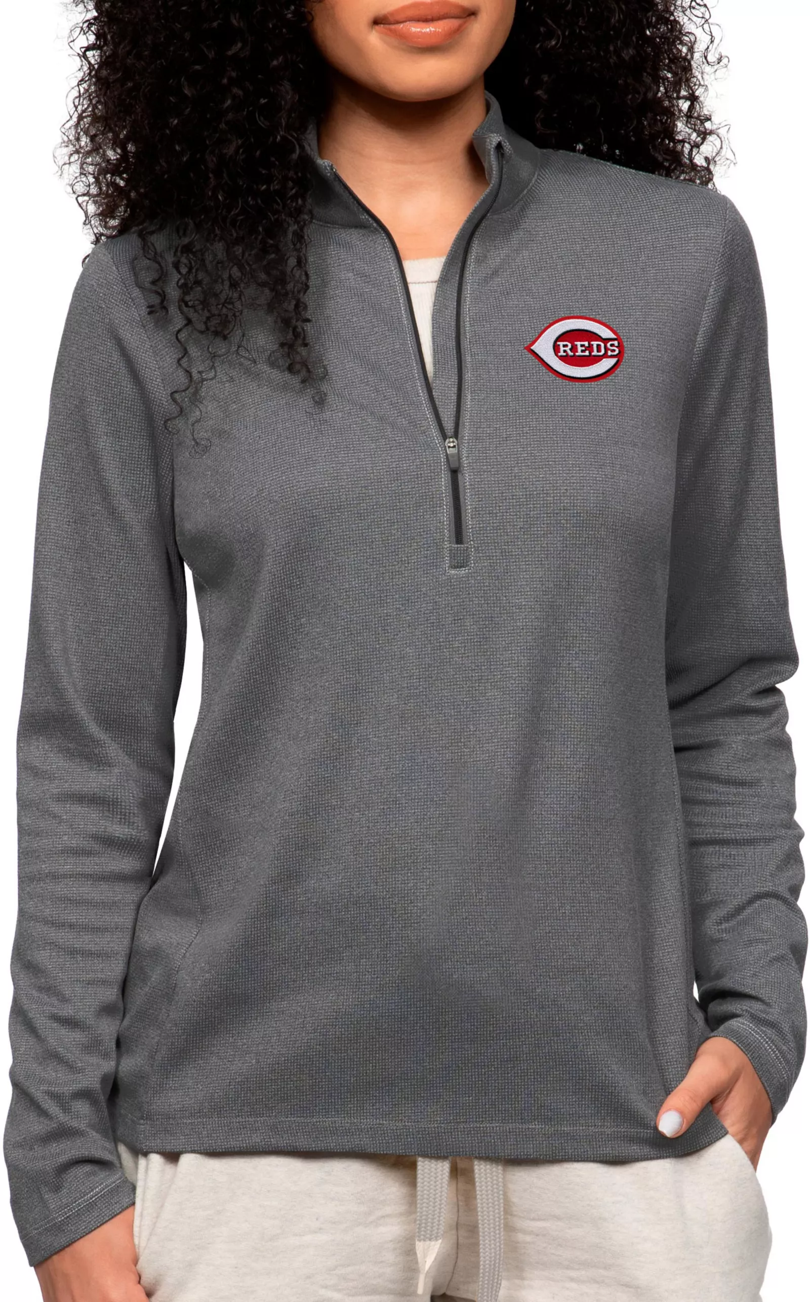Antigua Women's Cincinnati Reds Charcoal Epic 1/4 Zip Pullover