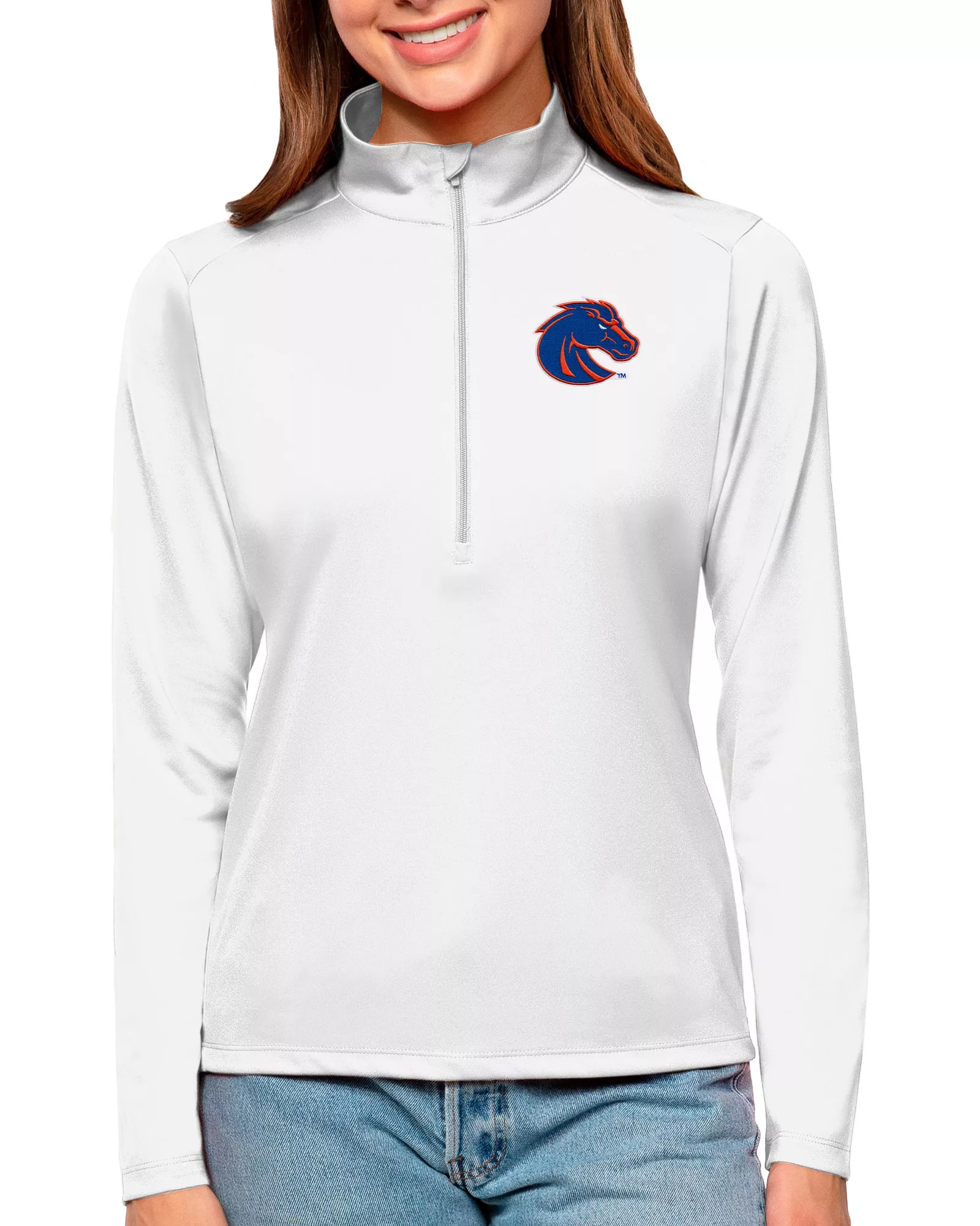 Antigua Women's Boise State Broncos White Tribute Quarter-Zip Shirt