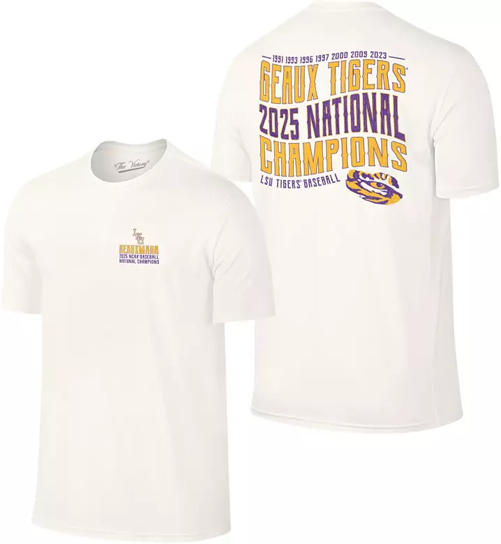 Retro Brand Adult 2025 Men's College World Series Champions LSU Tigers Multi-Champs T-Shirt